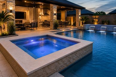 Luxury backyard with illuminated pool, spa, and outdoor kitchen area.