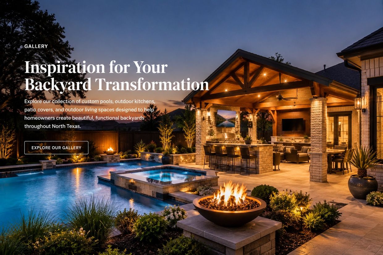 Elegant backyard with a pool, fire pit, and outdoor kitchen under a lit wooden pavilion at dusk.