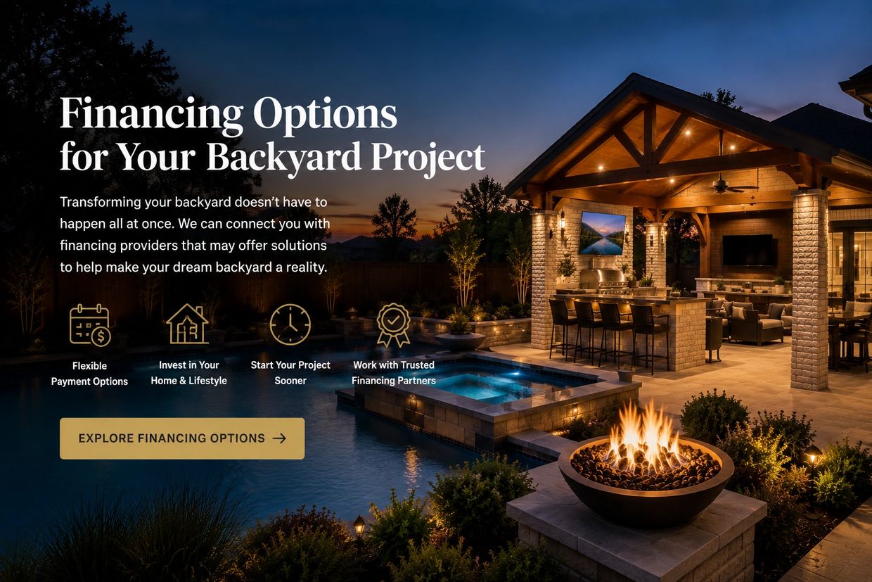 Elegant backyard with pool, fire pit, and covered patio illuminated at dusk.