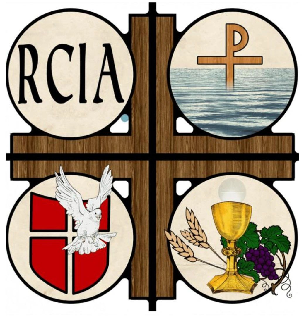Religious symbols around a wooden cross, including RCIA, cross, dove, and chalice.