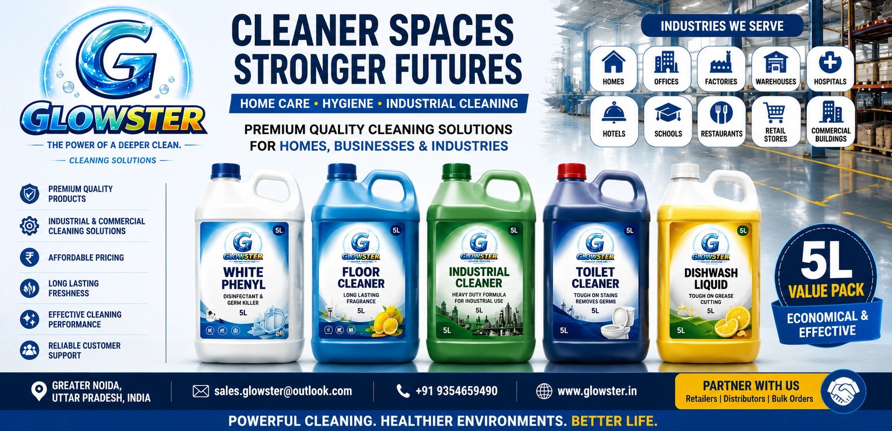 Glowster offers premium 5L cleaning products for homes, businesses, and industries.