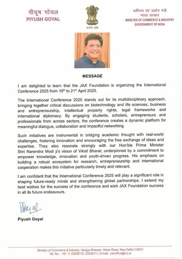 Letter from Piyush Goyal, Minister of Commerce & Industry, GoI