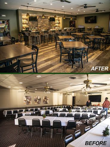 Before and after photo of sports bar tables.