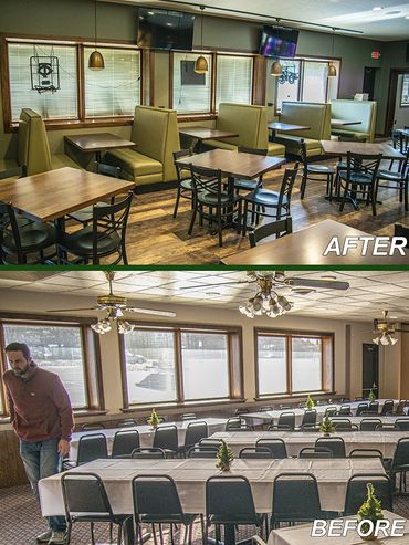 Before and after photo of sports bar tables and booths.