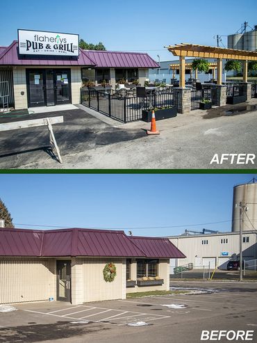 Before and after picture of front patio area.