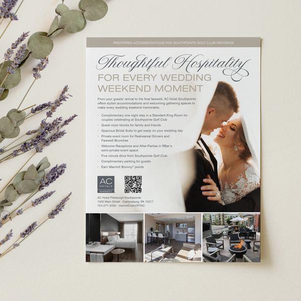 Wedding hospitality flyer with elegant design and couple photo.