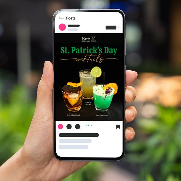 St. Patrick's Day cocktails displayed on a phone screen.