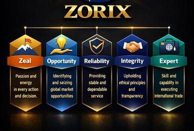 Zorix values include zeal, opportunity, reliability, integrity, and expertise for global success.
