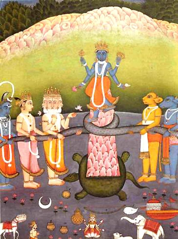 Vishnu's Dharma-saving Turtle Avatar (Kurma), holding up Mount Meru in the Samudra Mantha mythology.