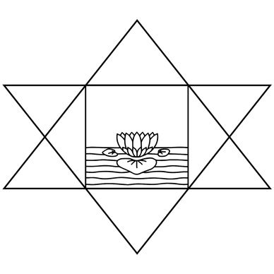 Sri Aurobindo's Satkona symbol with the Lotus of the Avatar (of Vishnua) resting on seven waves.