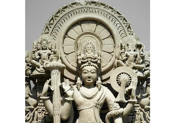 Vishnu the Preserver of Sanatana Dharma (Eternal Law) with his Lotus Halo (=Nimbus) and Chakra