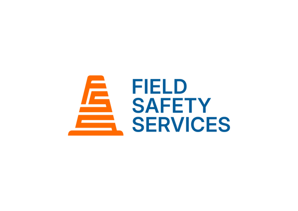 Logo for Field Safety Services with an orange traffic cone and blue text.