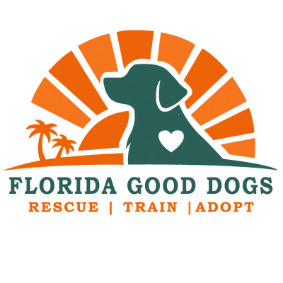 Logo of Florida Good Dogs with a dog silhouette and sunset.