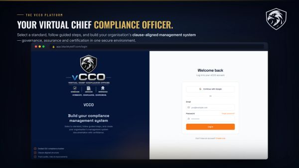 Login page for vCCO virtual compliance officer platform.