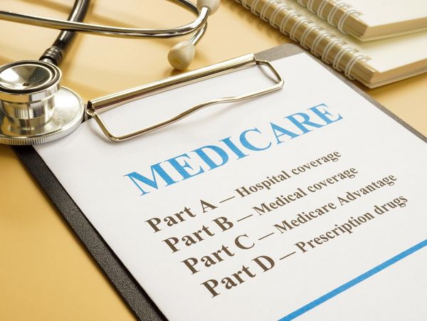 A closeup, high-angle shot of a clipboard with a document titled "MEDICARE" in large blue letters.