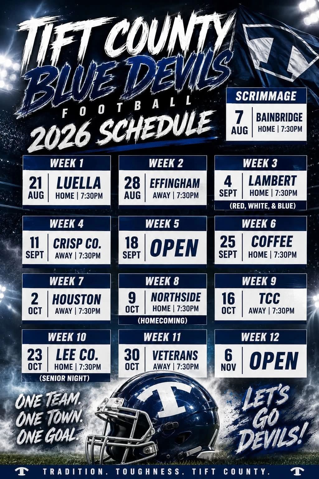 Tift County Blue Devils 2026 football schedule with dates and opponents.