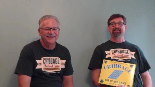 The first packaging for Cribbage The Board Game, the Inventors Wayne and Myles were ready to sell.