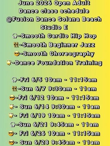 June 2026 dance classes schedule at Fusion Dance Solana Beach, including hip hop, jazz, choreography, and foundation training.