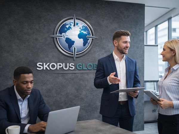 Three professionals working and discussing in a modern office with a globe logo on the wall.