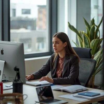 Professional woman focused on work at her office desk with computer and documents.