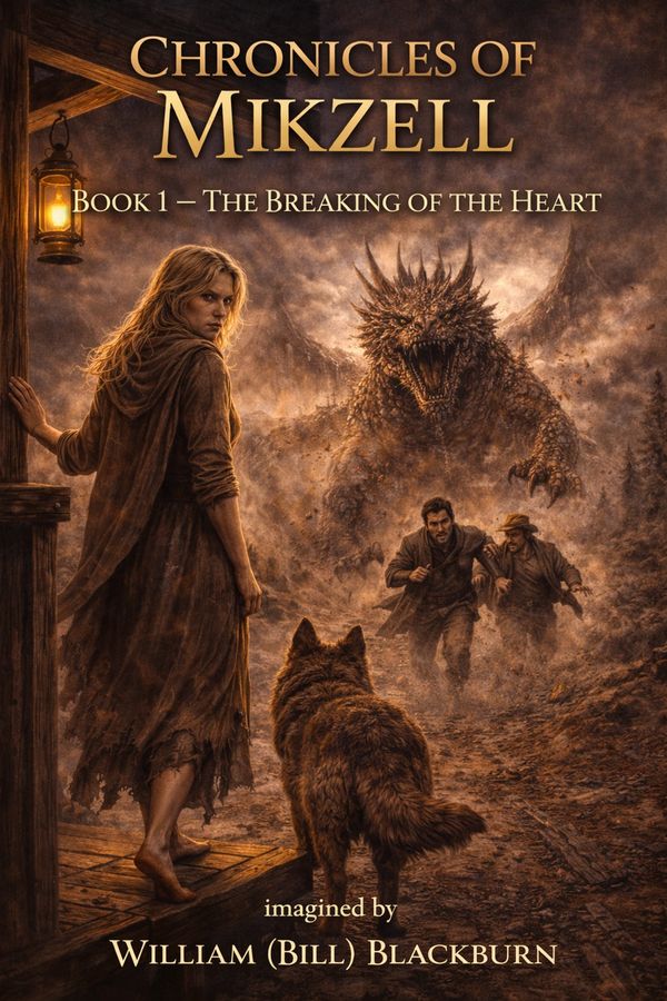 Fantasy book cover featuring a woman, a wolf, and a dragon with men fleeing.