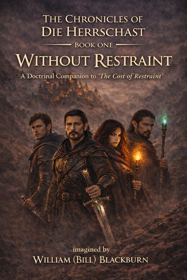 Fantasy book cover featuring four armed characters against a dark, smoky backdrop.