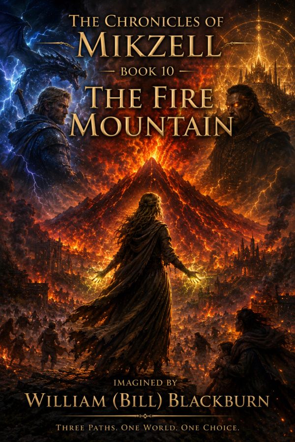 Epic fantasy book cover featuring a fiery mountain and intense characters.