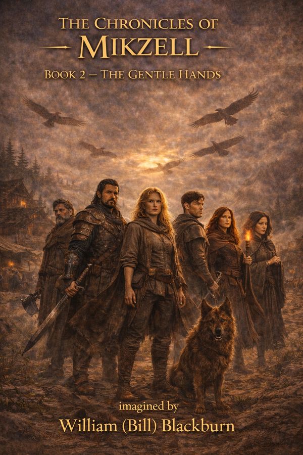 Fantasy book cover featuring five adventurers and a dog under a dramatic sky with flying birds.