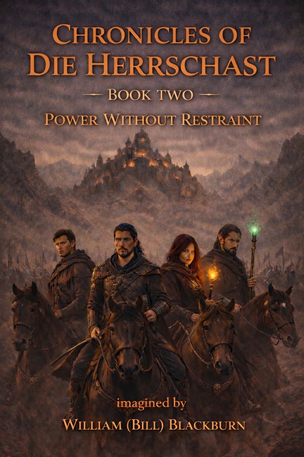 Four warriors on horseback in a dark fantasy setting with a distant castle.