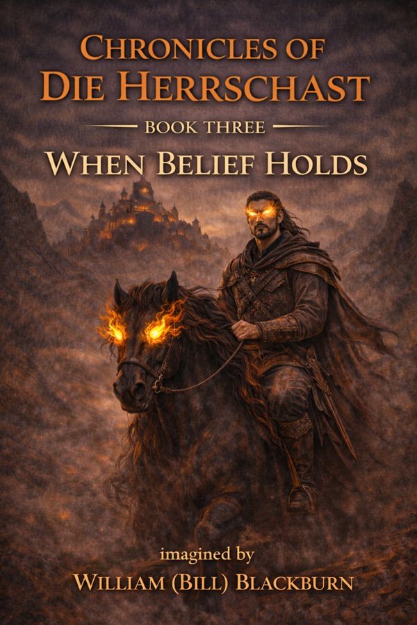 A dark fantasy book cover with a glowing-eyed rider on a fiery-eyed horse.