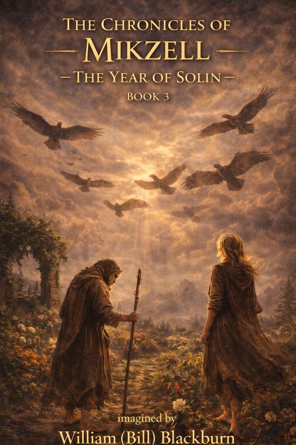 Fantasy book cover showing two figures and birds in a mystical landscape.