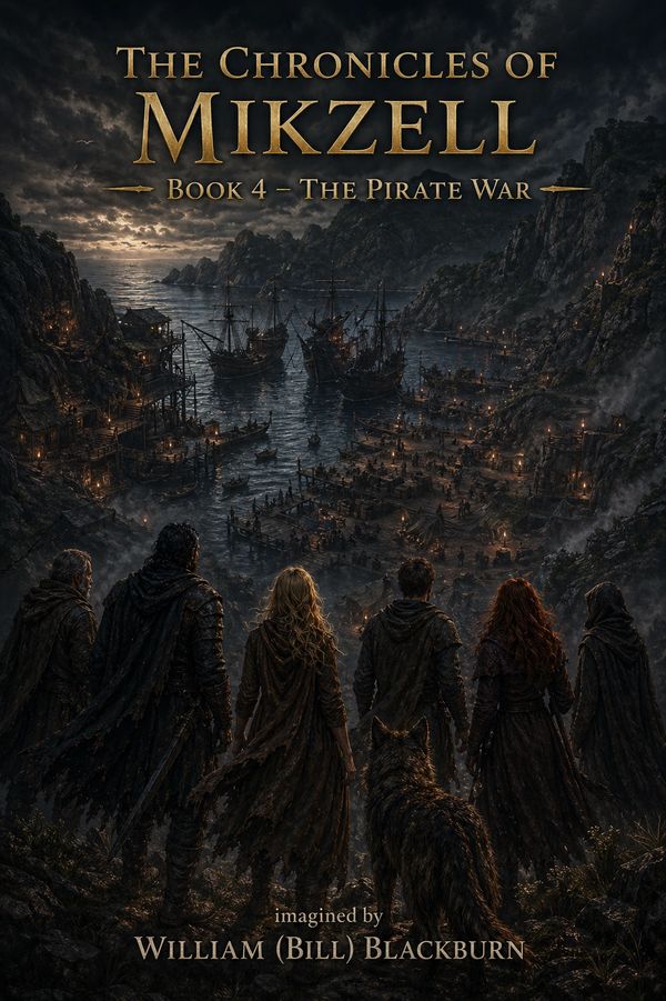 Epic fantasy cover of 'The Chronicles of Mikzell: The Pirate War' with five characters overlooking a pirate harbor at dusk.