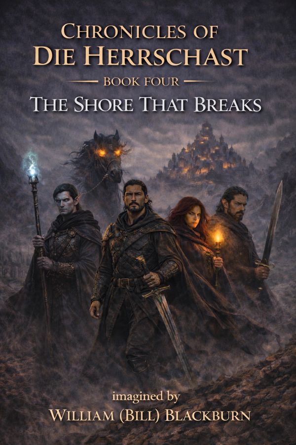 Epic fantasy book cover with four warriors and a fiery-eyed horse before a glowing fortress.