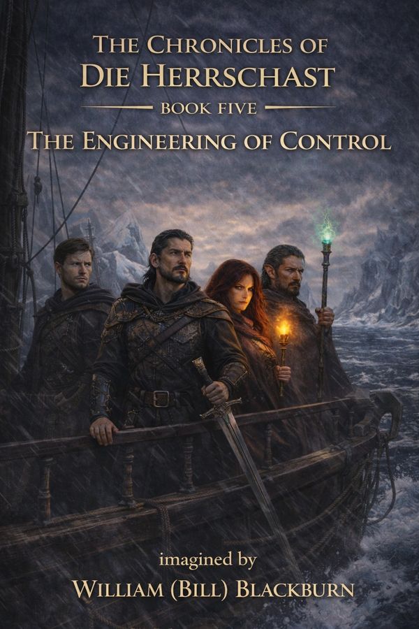 Book cover of The Chronicles of Die Herrschast, featuring four characters on a ship in stormy seas.