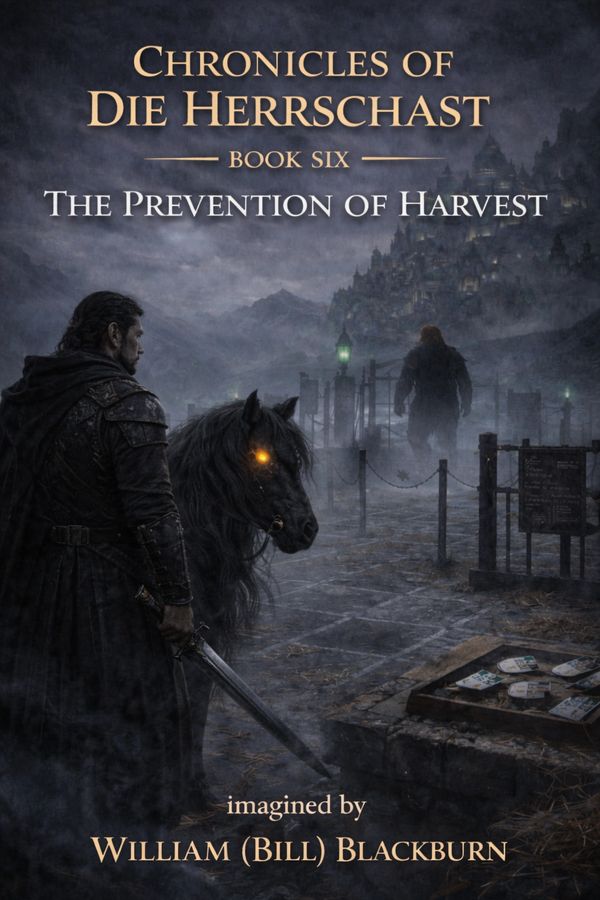 Dark fantasy book cover showing a warrior and a glowing-eyed horse in a misty, eerie setting.