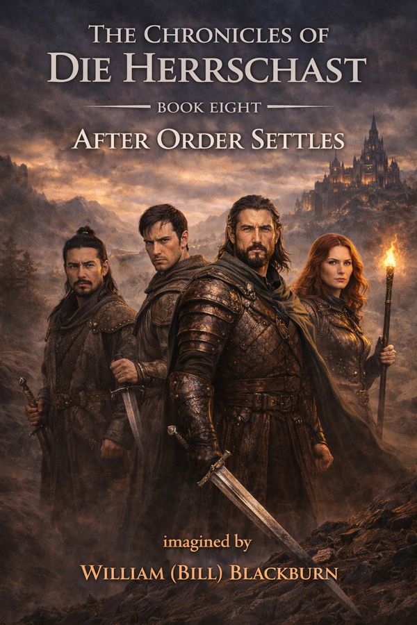 Epic fantasy cover featuring four warriors in armor with a castle backdrop.