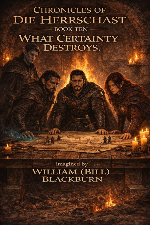Fantasy book cover featuring four warriors strategizing over a map by firelight.