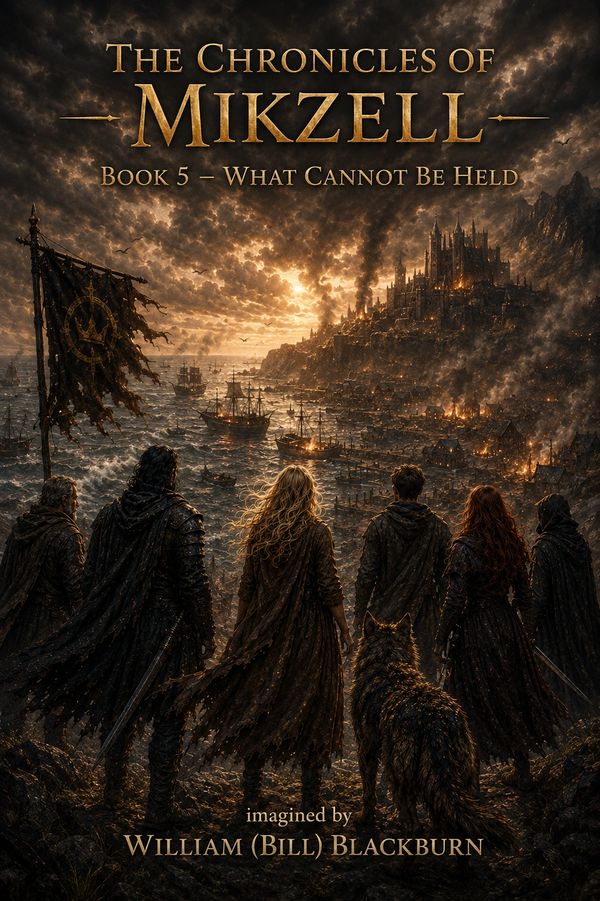 Epic fantasy cover showing five figures and a wolf overlooking a burning city by the sea.