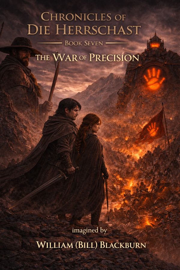 Epic fantasy book cover with warriors, a giant fiery golem, and a war-torn landscape under a dramatic sky.