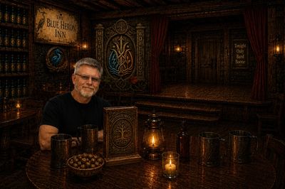 Man sitting at a dimly lit pub table with drinks and candles.
