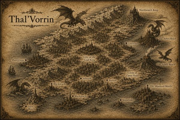 Fantasy map of Thal'Vorrin with dragons and marked cities.
