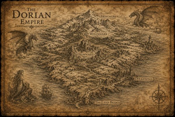 A detailed fantasy map of The Dorian Empire with dragons and a mermaid illustration.