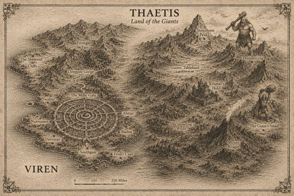 A detailed fantasy map of Thaetis, land of giants, with mountains, gorges, and giant figures.
