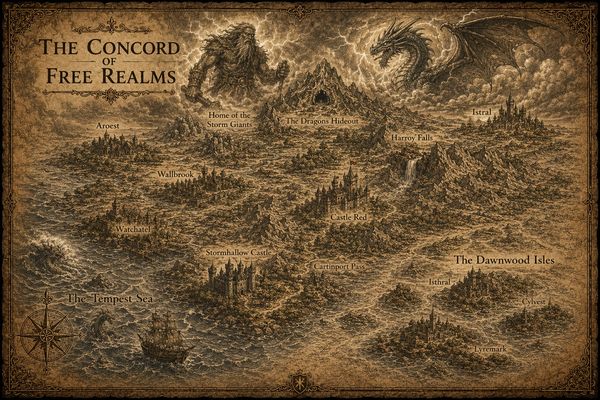 Vintage fantasy map of The Concord of Free Realms with mythical creatures and landmarks.