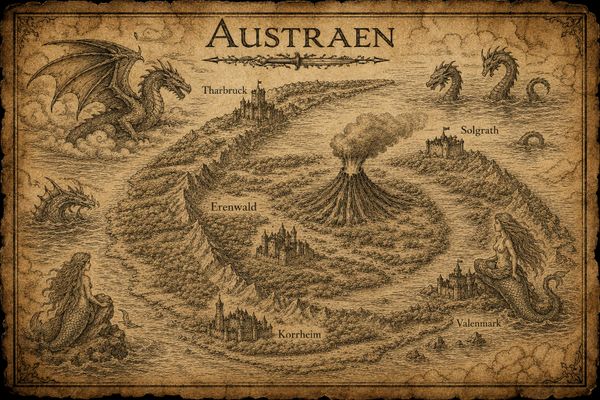 Vintage fantasy map of Austraen with dragons, mermaids, and volcanic mountains.
