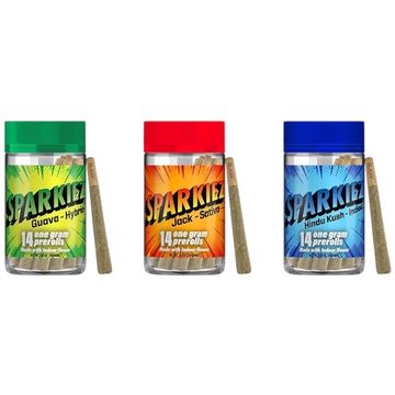 Three jars of Sparkiez pre-rolls with green, red, and blue lids.