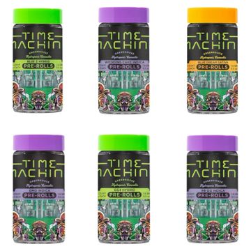 Six colorful jars of Time Machine pre-rolls in various flavors.