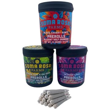 Three colorful Soma Rosa Farms preroll containers and a pile of prerolls.