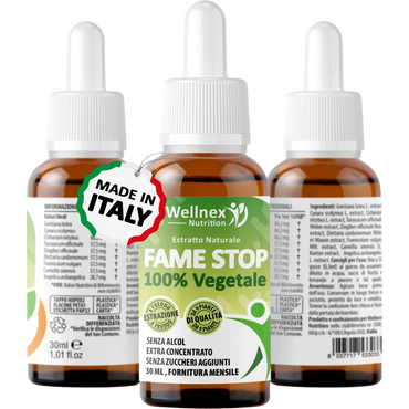 Flacone contagocce di un estratto naturale e vegetale che aiuta a controllare la fame nervosa.