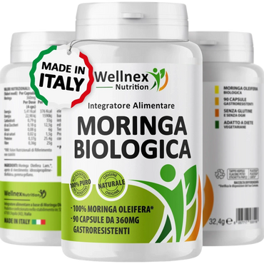 Barattolo di un integratore alimentare di moringa biologica in capsule gastroresistenti